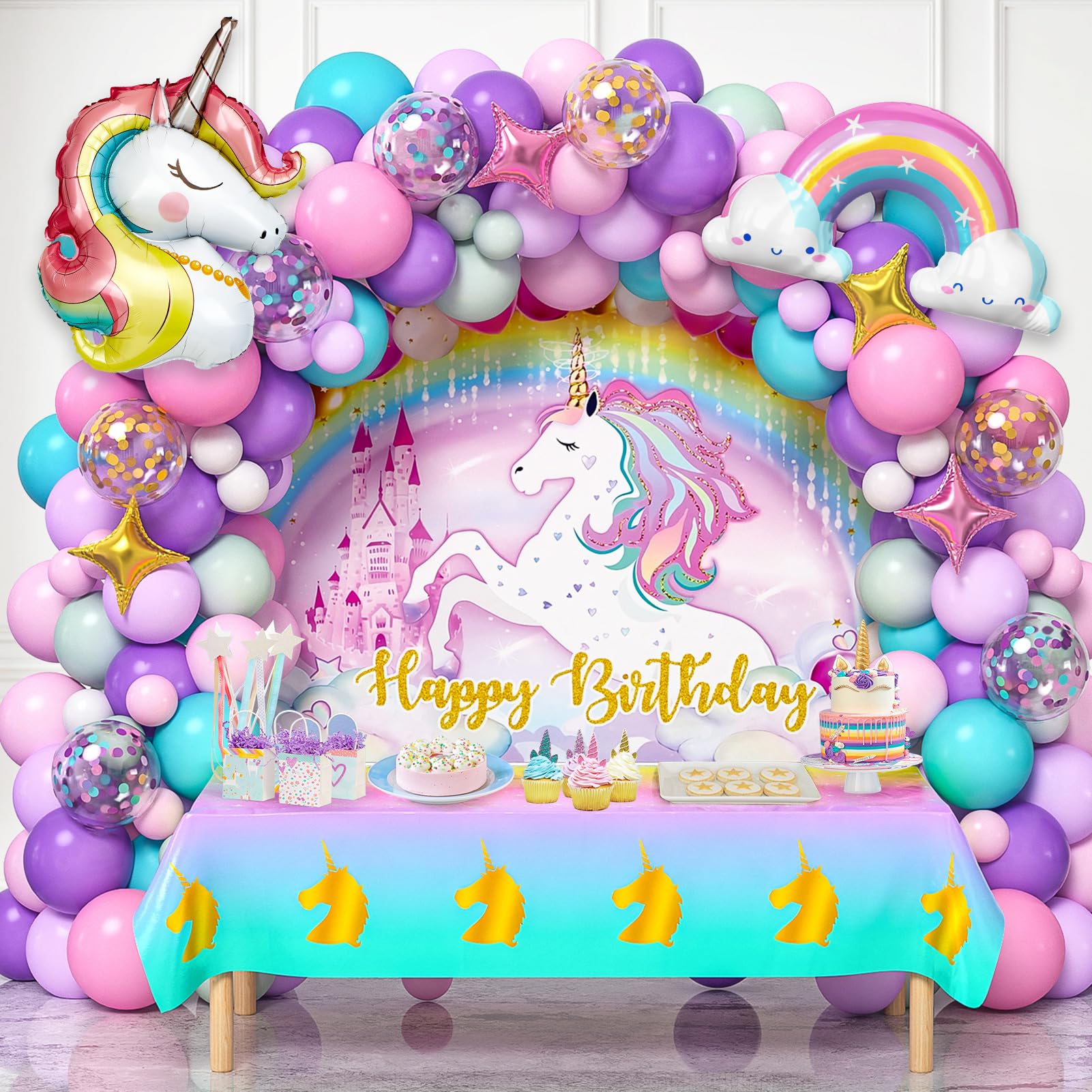 Photo 1 of ***ONLY BACKDROP IS INCLUDED*EVERYTHING ELSE IS MISSING***Winrayk 144Pcs Purple Unicorn Party Decorations Birthday Supplies for Girls, Purple Pink Blue Balloon Arch Kit with Backdrop Tablecloth Foil Balloons, Kids Rainbow Unicorn Themed Birthday Decoratio