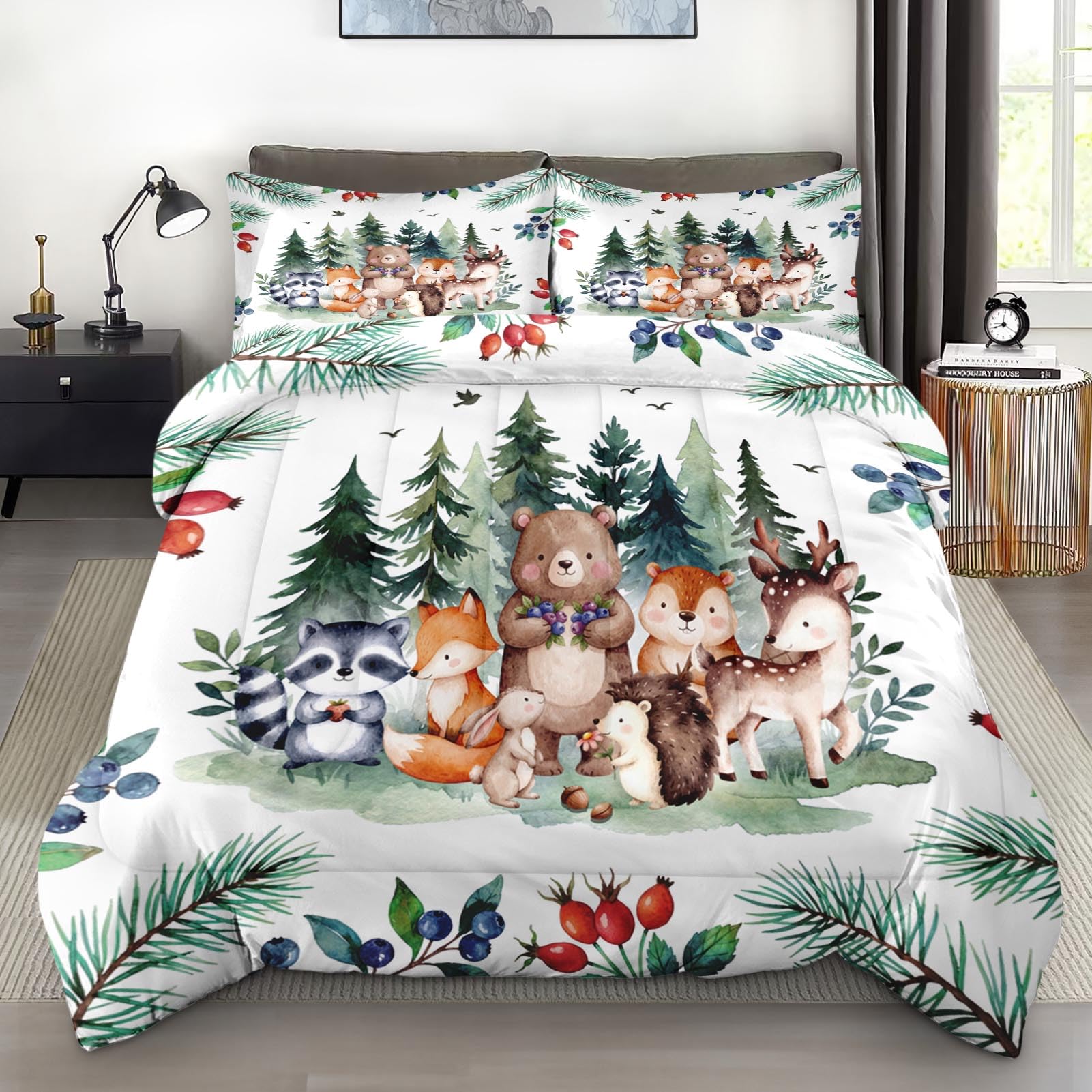 Photo 1 of Pamnest Comforter Set Queen Size, Safari Woodland Animal Bird Soft 3 Pcs Bedding for Kids and Adults, Fox Cute Bear Jungle Comforter Set with Pillowcase, for Bedroom Bed Decor