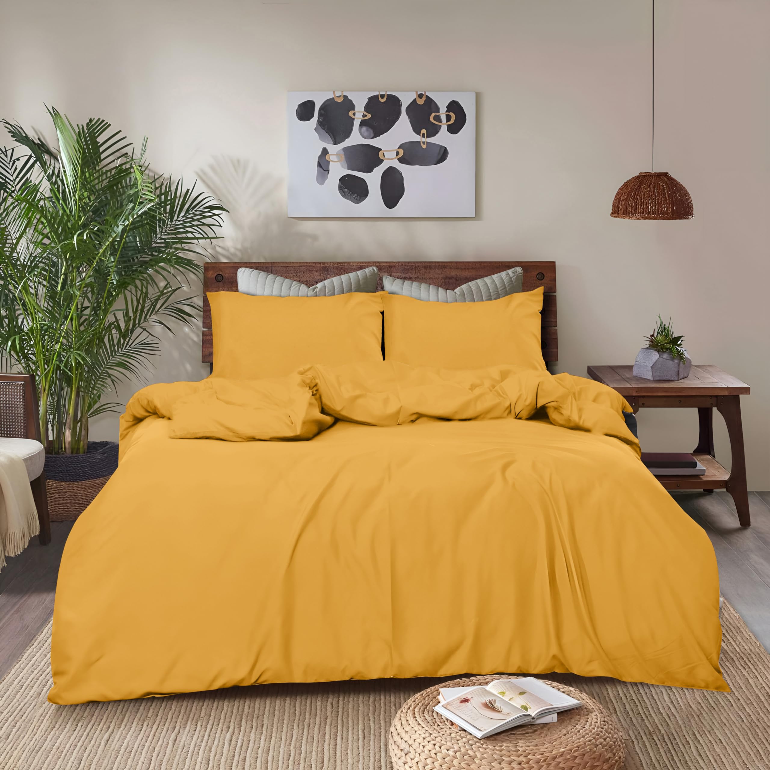 REHAN & CO Single Duvet Cover Sets – Soft Brushed Microfiber Bedding – Plain Quilt Cover With Pillow Cases (Ochre)