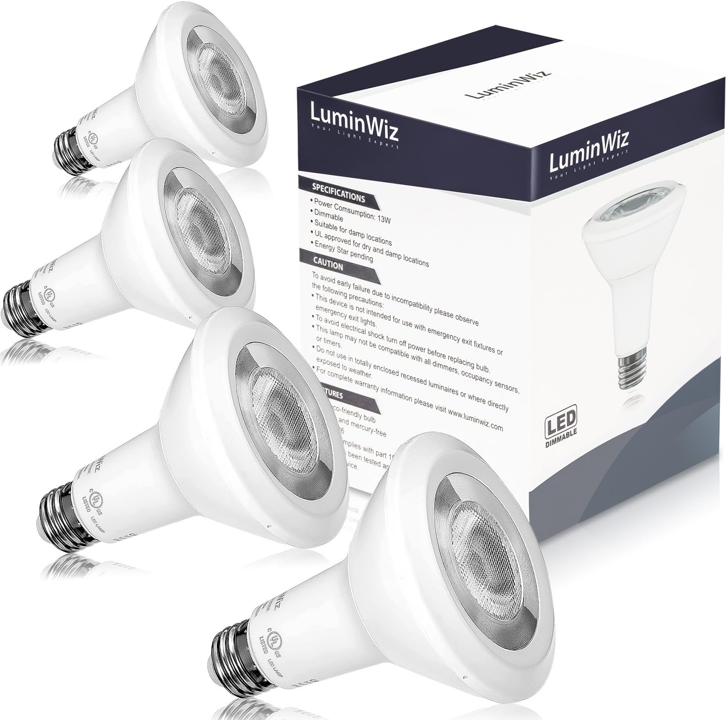 PAR30 LED Light Bulb,LuminWiz 13W 5000K 850lm Crystal White Dimmable Flood Light Bulbs,75W Equivalent,40°Beam Angle,Medium Base (E26),Dimmable,ENERGY STAR,UL-listed,4-Pack