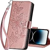 SASYMALY for iPhone 15 Pro Max Wallet case, Flip Folio Cover with Stand Feature for Women Men, PU Leather Phone Case Fit for iPhone 15 Pro Max 6.7'' [Rose Gold-Butterfly]