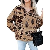 ZAFUL Sweatshirt for Women Oversized Quarter Zip Pullover with Pockets, Long Sleeve Ethnic Aztec Print Faux Fur Crop Top