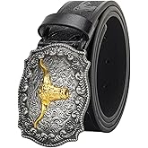 Mawjom Western Cowboy PU Leather Belt - Men Waist Strap Bull Decoration Floral Engraved for Jeans 25" to 38" Waist