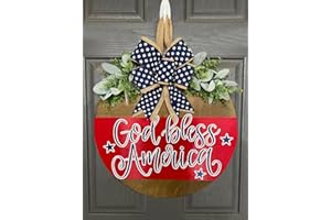 ONIBOGO 4th of July Door Sign Decorations, Independence Day Welcome Wreath for Front Door, Memorial Day Patriotic Wooden Hangers Wreath with Bow for Porch Home Wall Decor (Style B)