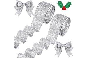 Juinte 2 Roll 20 Yards Valentine's Day Ribbon Wired Glitter Thick Ribbon Metallic Wired Ribbon Gift Wrapping Tree Ribbon for Halloween Party DIY Crafts Wrapping Decorations(Silver, 1.5 Inch)