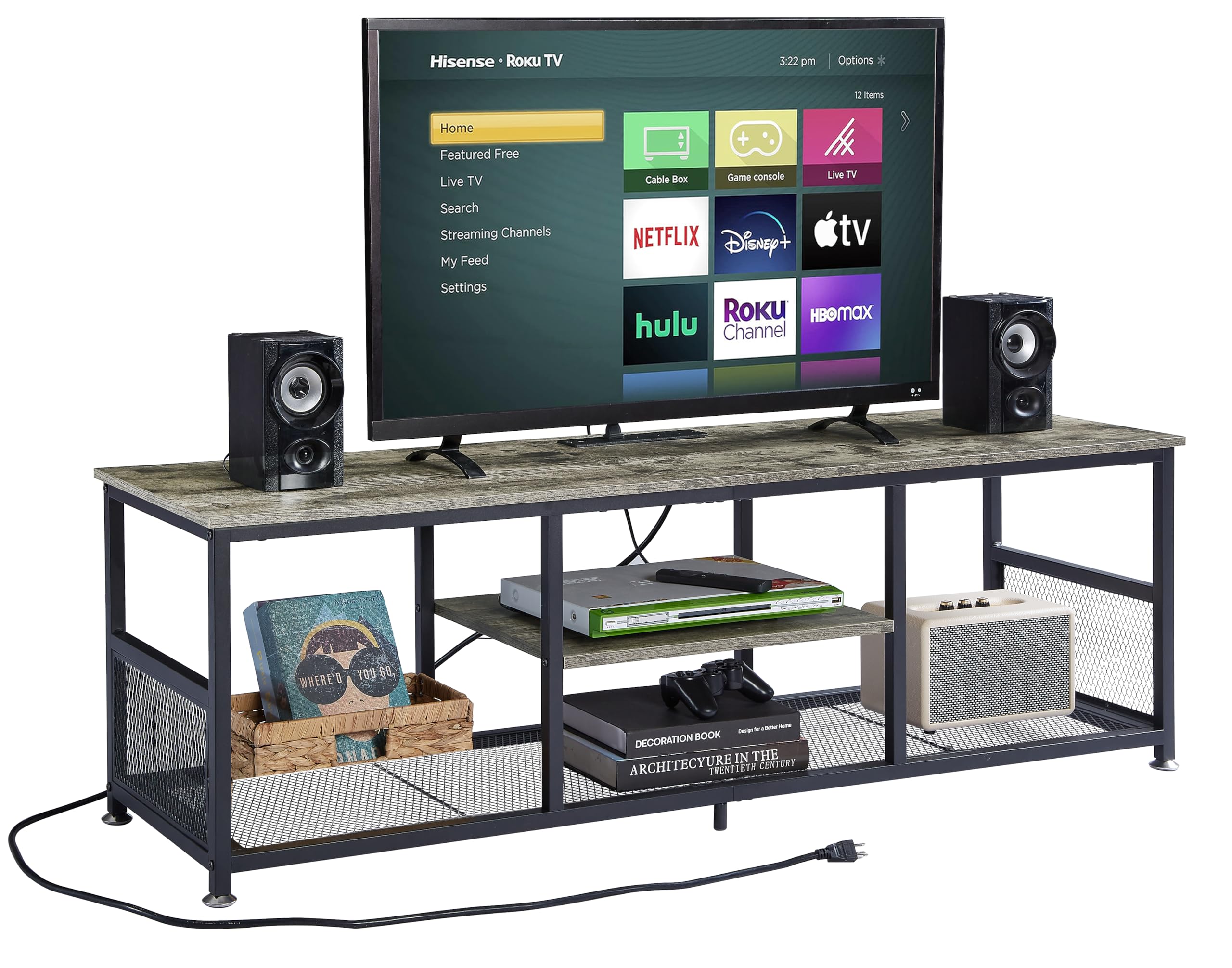 VECELO TV Stand with Power Outlets for Televisions up to 65Inch, 55" Media Entertainment Center with Charging Station 3-Tier Open Storage Shelves with Metal Frame for Living Room/Bedroom,Grey Image VECELO TV Stand with Power Outlets for Televisions up to 65Inch, 55" Media Entertainment Center with Charging Station 3-Tier Open Storage Shelves with Metal Frame for Living Room/Bedroom,Grey Image