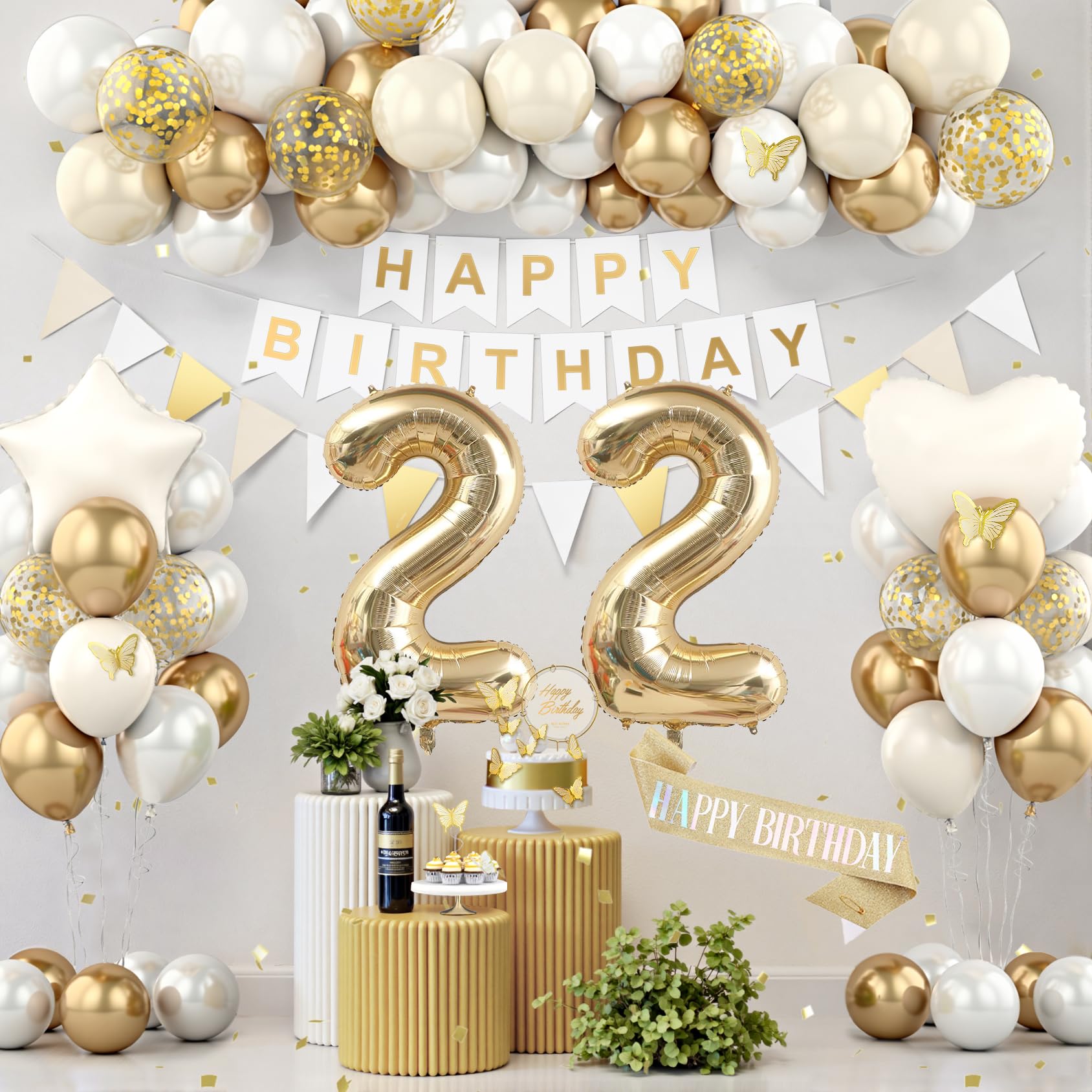 Photo 1 of 22nd Birthday Decorations, White Gold Birthday Party Decorations for Women Men, Boho Beige Cream Balloons Party Supplies with Banner, Shiny Sash, Butterfly Cake Topper, 22 Number Foil Balloons
