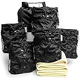 Kinder Cloth Diapers Set of 5 Reusable Baby Diapers Pocket Style Athletic Wicking Jersey, Bamboo Viscose Inserts, Wet Bag, Newborn to Potty Training 7-60lbs, One Size (Midnight)