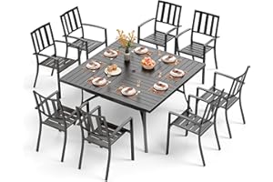 PHI VILLA 9 Pieces Outdoor Dining Table Set for 8, 60” Square Metal Dining Table & Stackable Dining Chairs, Large Dining Furniture Set for Patio, Deck, Yard, Porch