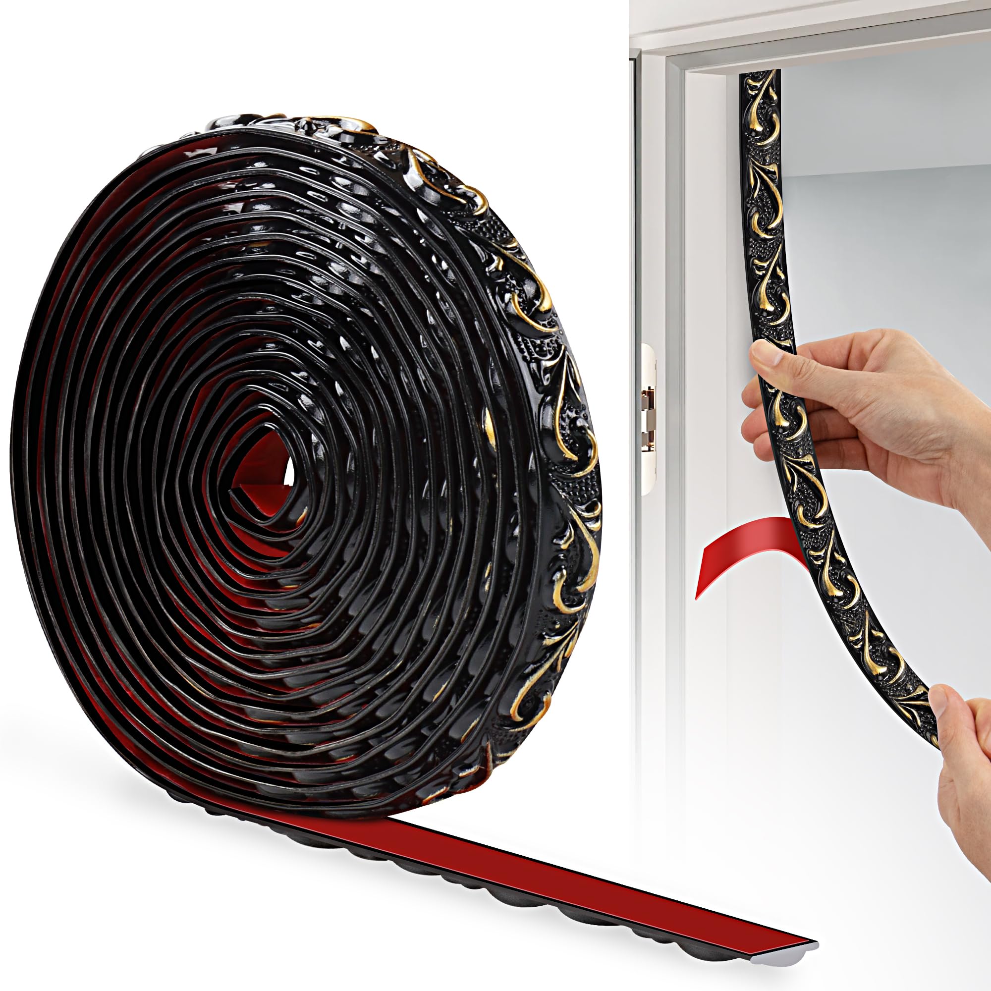 JUNART PVC Moldings Trim, 600cm×2cm, 3D Wallpaper Border, Coving for Ceilings, Flexible Ceiling Moulding Trim For Mirror Edge, TV Background Wall, Skirting Boards, Cabinet, Wall(Black Gold)