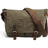 HuaChen Mens Messenger Bag, Vintage Genuine Leather Waxed Canvas Shoulder Bag for 14" Laptop,Rugged Briefcase Satchel