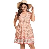 ShopWonder Womens Plus Size Casual V Neck Dress Loose Swing Ruffle Summer Boho Midi Dress with Pockets