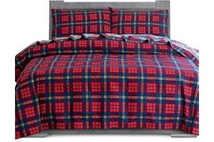 Elegant Comfort Soft 4-Piece 100% Turkish Cotton Flannel Sheet Set - Premium Quality, Deep Pocket Fitted Sheet, Ultra Soft, Cozy Warm Flannel Sheets - Twin XL, Plaid-Red/Navy