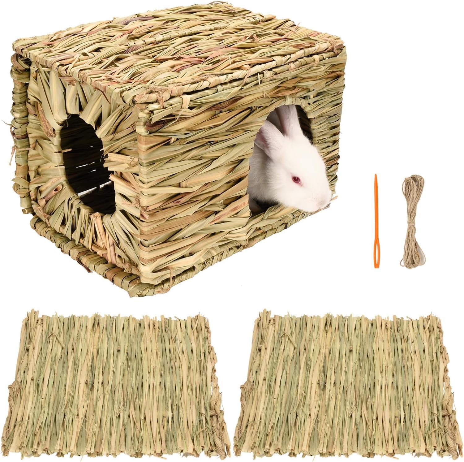Grass House for Rabbits（1pc） and Grass mat for Rabbit Bunny（2pcs）, Hand Woven Straw Hut, Small Animal Cages Hay Mat for Guinea Pig Parrot Rabbit Bunny Hamster Chinchilla Squirrel