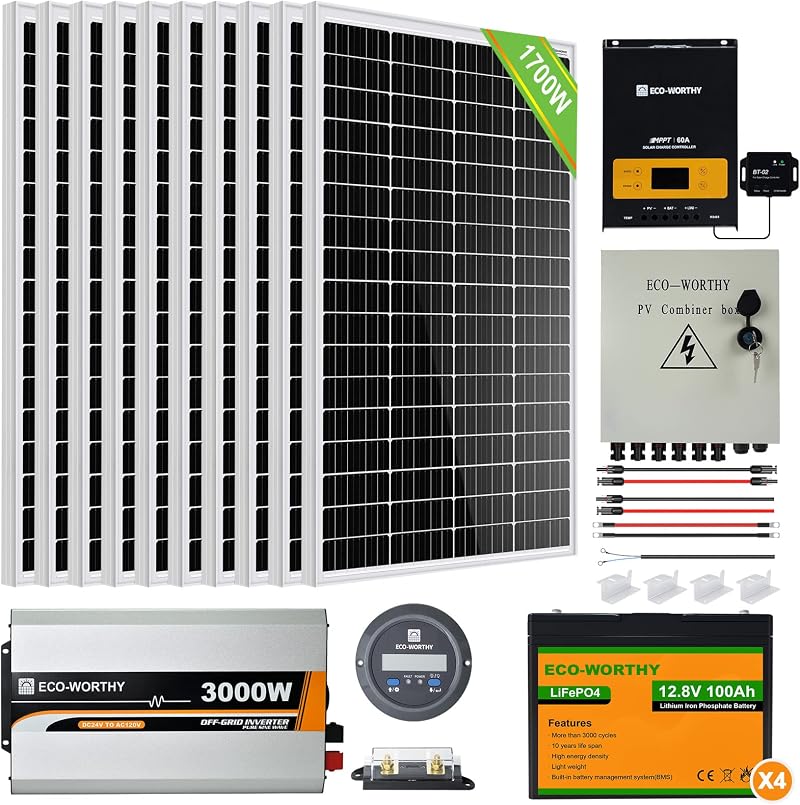 ECO-WORTHY 1700W Solar Power System 24V Home Kit 10x170W Panels 4x100Ah Lithium