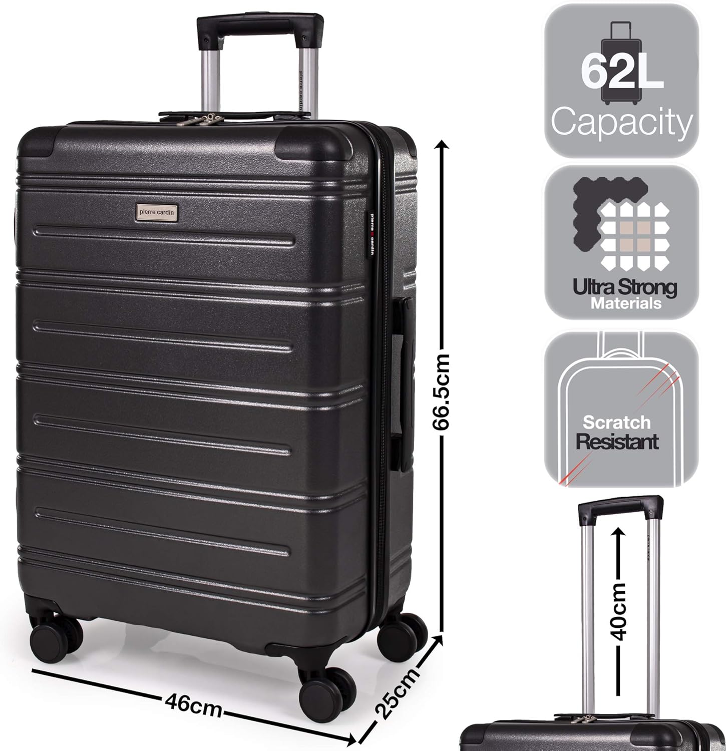 Pierre Cardin ABS Hard Shell 26 Inch Suitcase - Travel Luggage with 8 Spinner Wheels, Dark Grey, M - Image 4