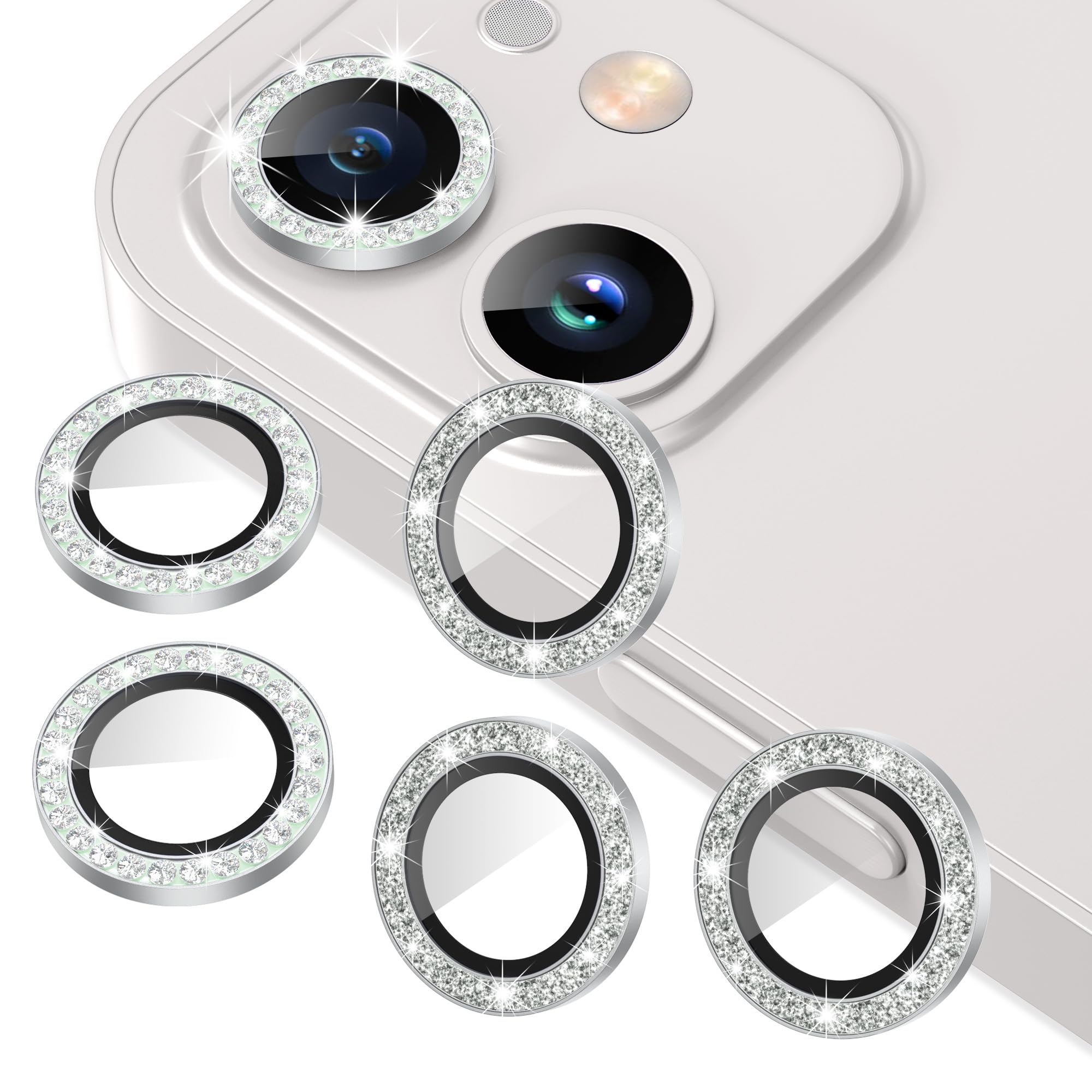 Photo 1 of AGVEE 3+3 6 Pack for iphone 12 Pro/12/12 Mini/11 Pro Max/11 Pro/11 Camera Lens Cover Protector, Bling Diamond & Bling Glitter Metal Ring 9H Tempered HD Glass Camera Protector, Bling-Silver