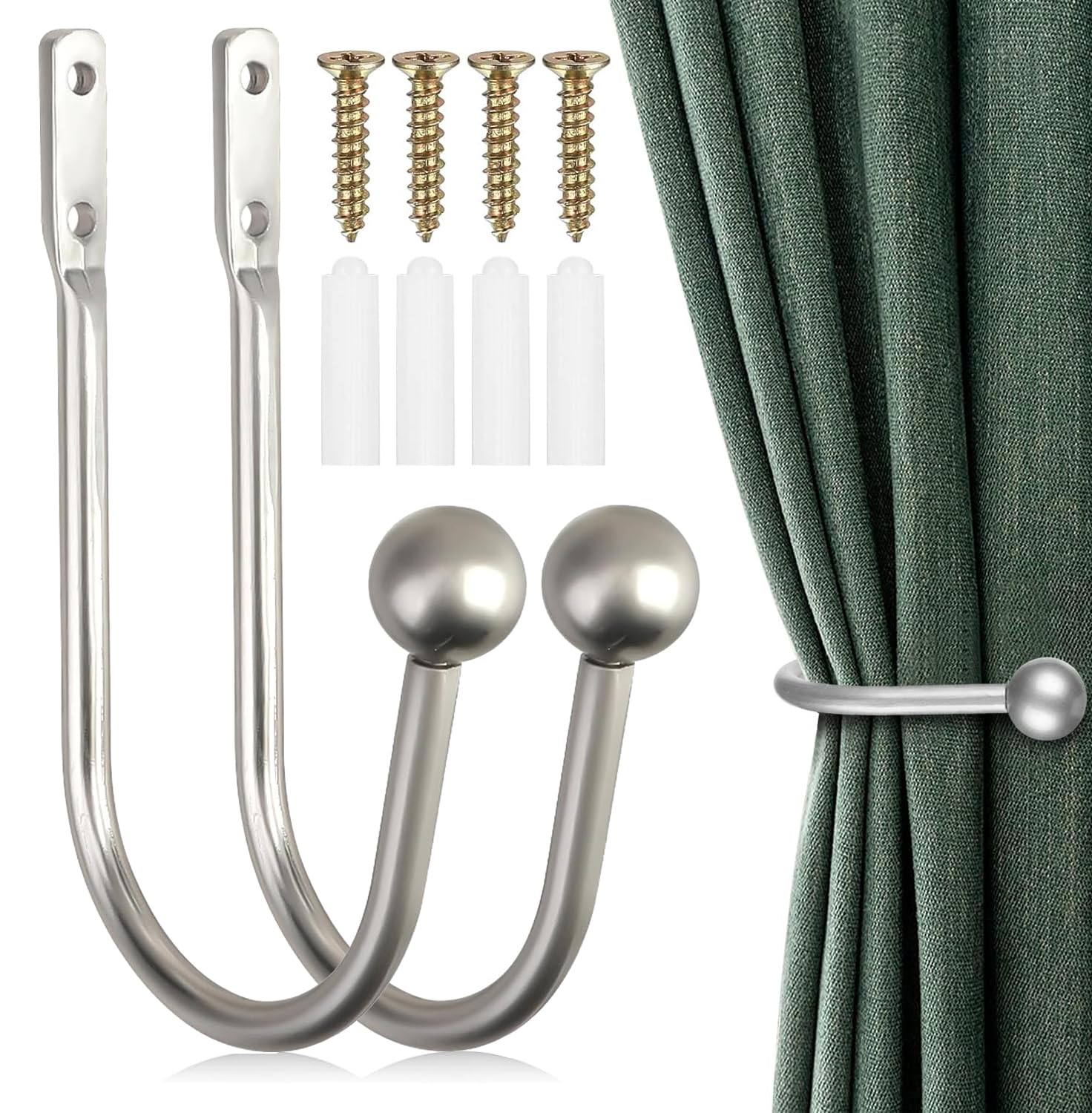 2PCS Curtain Tie Backs Hooks, Metal Curtain Holdbacks, Window Curtain Holder, Wall Mounted Curtain Tie Backs With Screws, Drapery Holdbacks for Fixed Curtain or Hanging Items (Silver)
