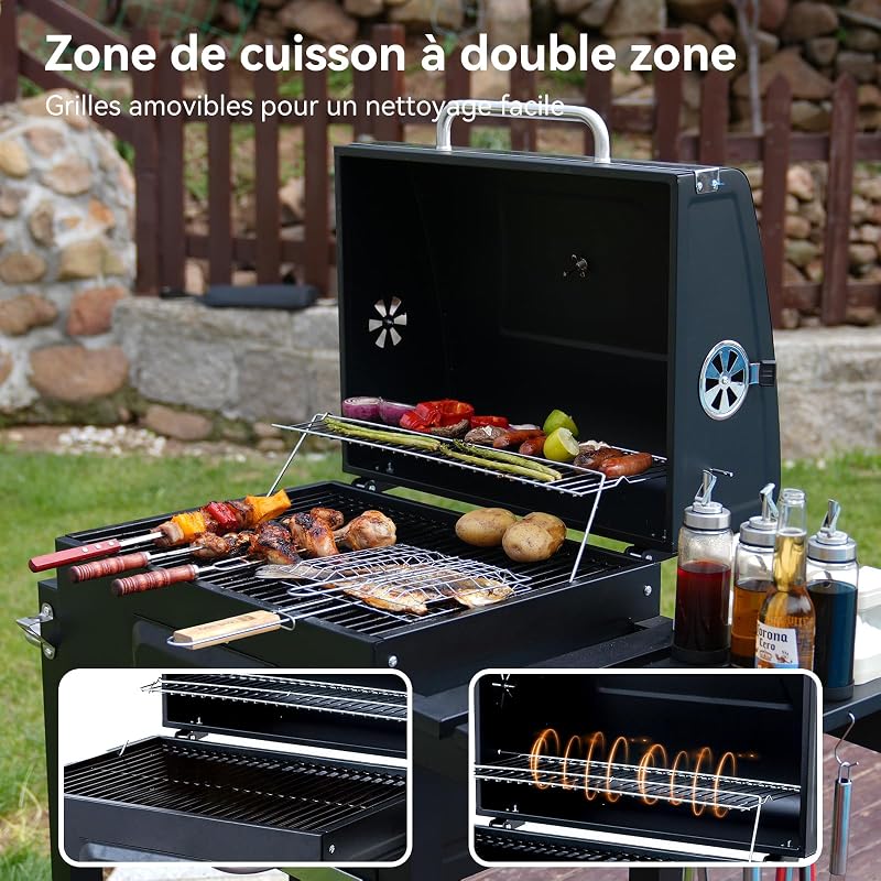 Barbecue Charbon de Bois, Gril avec Couvercle, Surface de Cuisson: 56×42,5 cm, Bac à Charbon Réglable en Hauteur, Table Latérale Pliante, Housse Barbecue Incluses