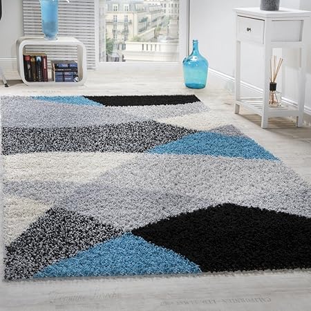 Paco Home Tapis Shaggy Longues Mèches Hautes Motifs Gris Noir Blanc Turquoise Dimension160x220 Cm