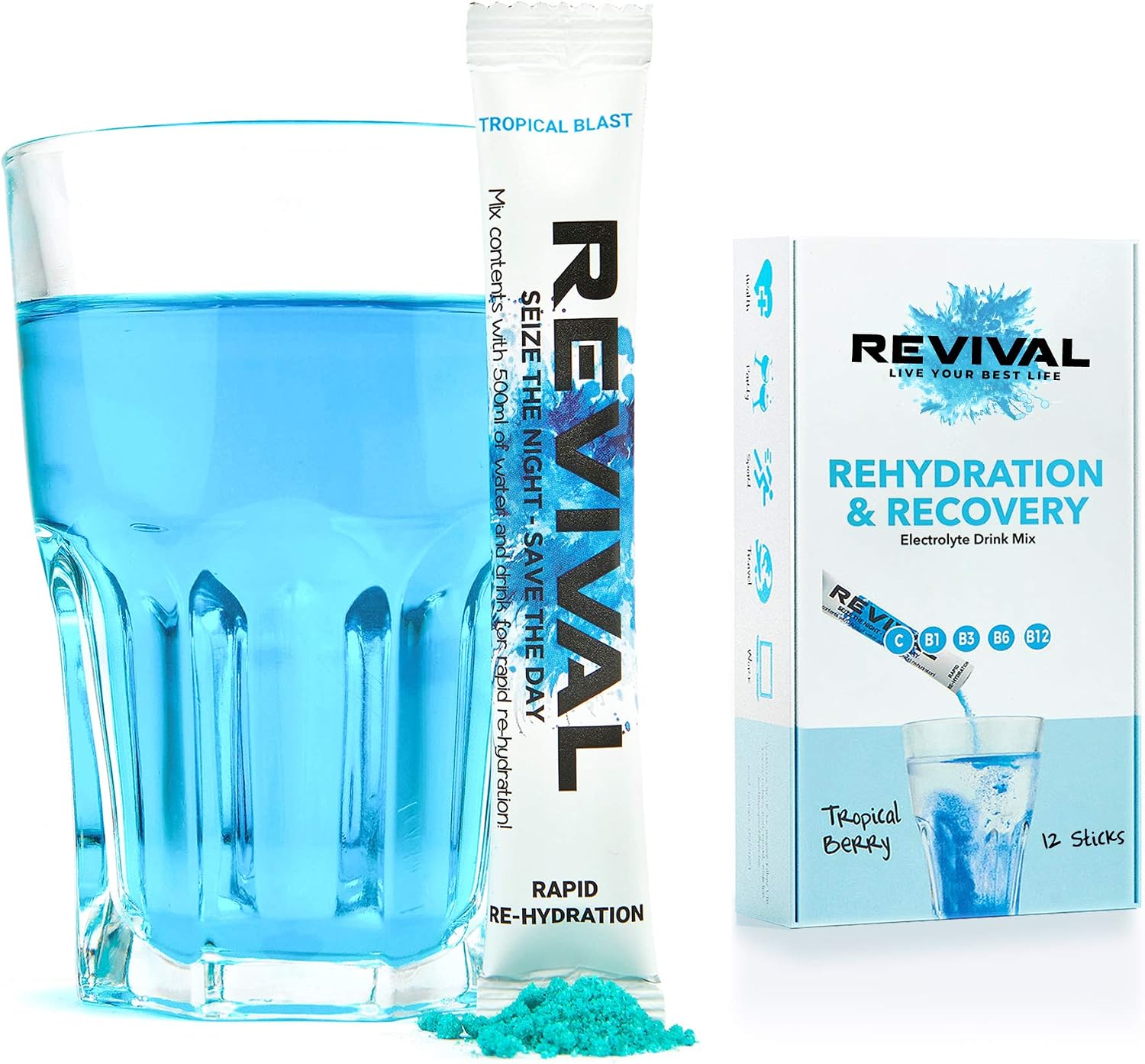 Revival Rapid Rehydration, Electrolytes Powder, High Strength Vitamin C, B1, B3, B5, B12 Supplement Sachet Drink