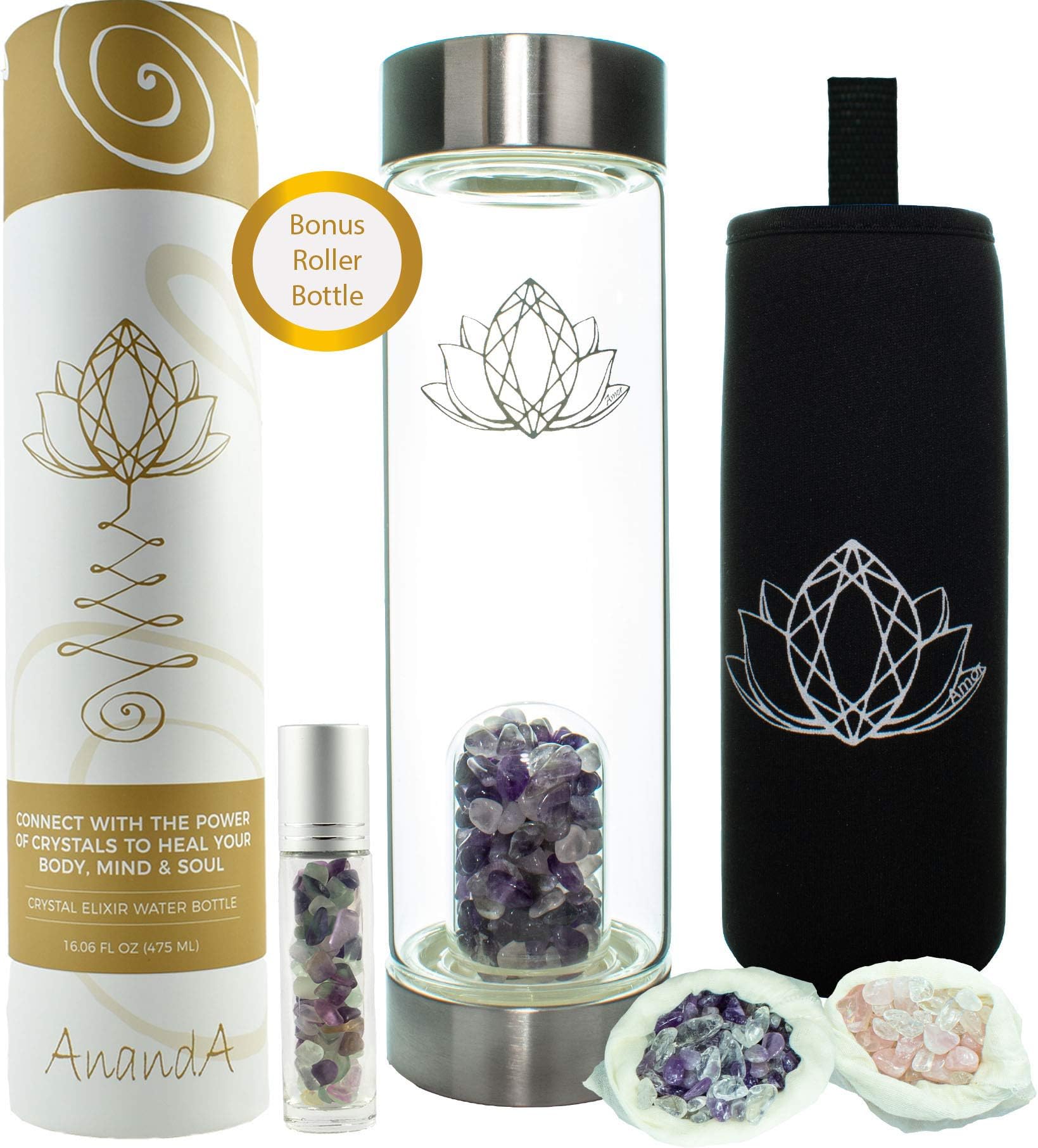 Ananda Crystal Water Bottle - Elixir Gem Infused Healing Water -16 oz - Bonus Roller Bottle with Fluorite Crystals & Neoprene Sleeve - Includes Amethyst, Rose and Clear Quartz