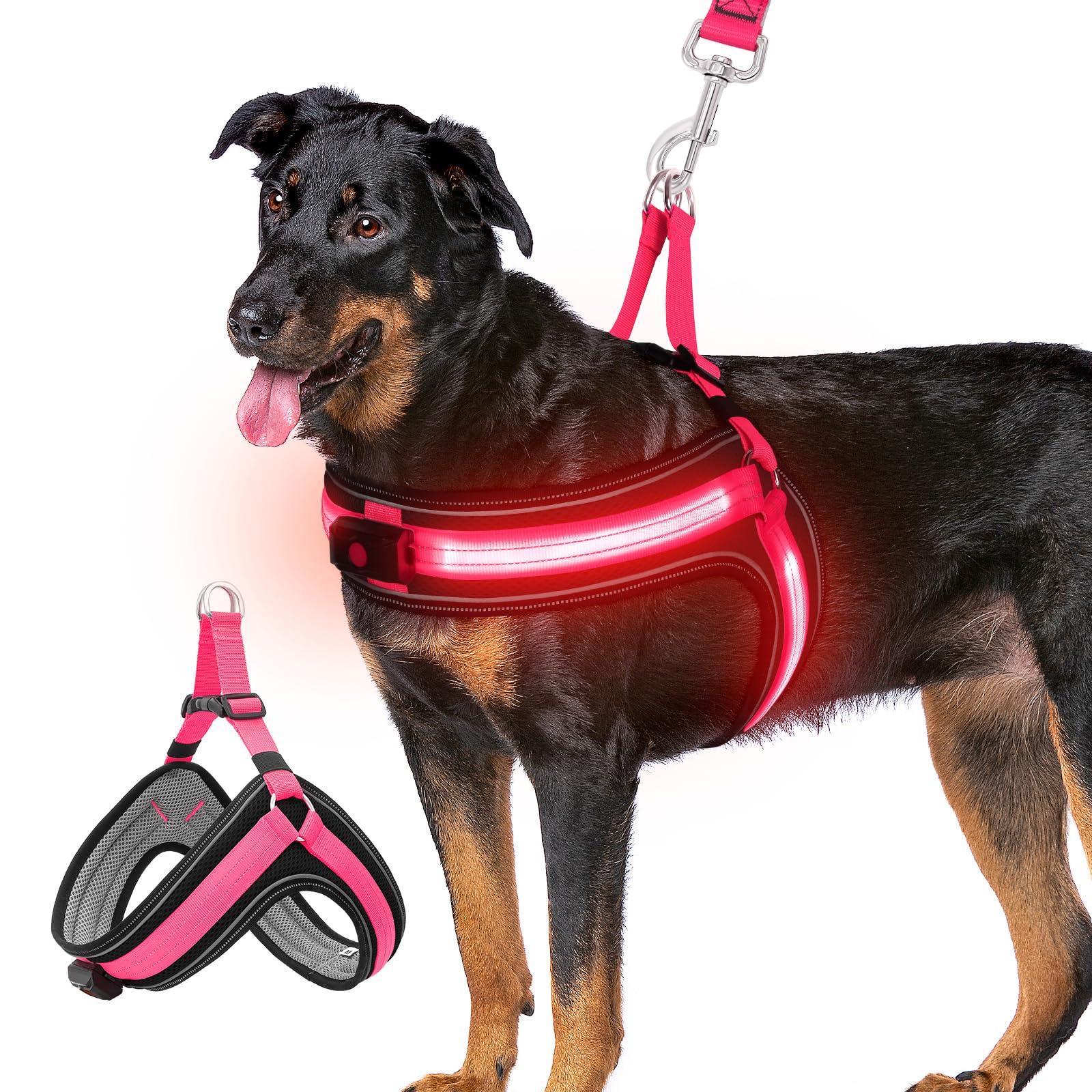 Light Up Dog Harness for Large Dogs, LED Dog Vest Harness USB Rechargeable Glow in the Dark Vest with 3 Light Modes for Night Walking - Pink (Red Glow), L