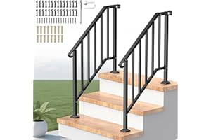 VZNEK Outdoor Handrails for Steps, Stair Railing Kit for Concrete & Porch Steps, Adjustable Black Iron Hand Rail for Seniors, Easy Installation, Retro Arch Design (2 Pack-3 Steps)