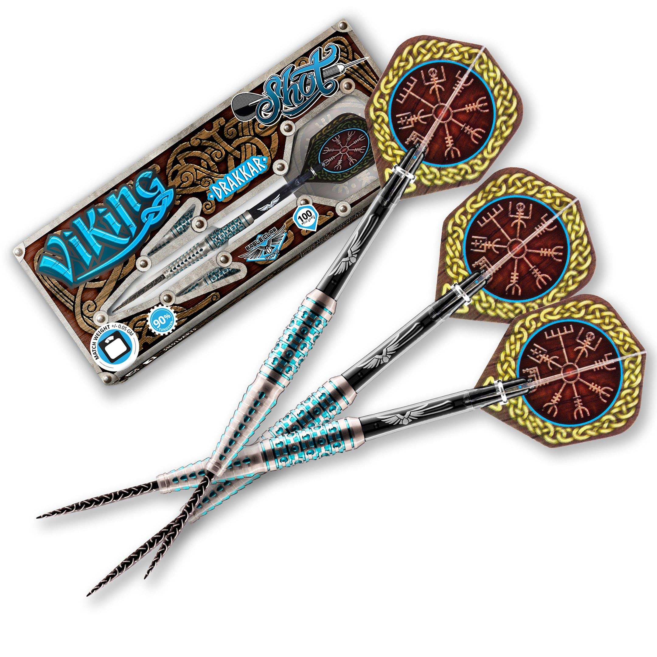 Shot! Darts Viking Drakkar Steel Tip Dart Set 27gm Back Weighted 90% Tungsten Barrels