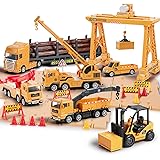 iPlay, iLearn Construction Truck Toy Set, Cargo Transport Vehicles Site Playset, Gantry Crane, Trailer, Logging, Pickup Tow T