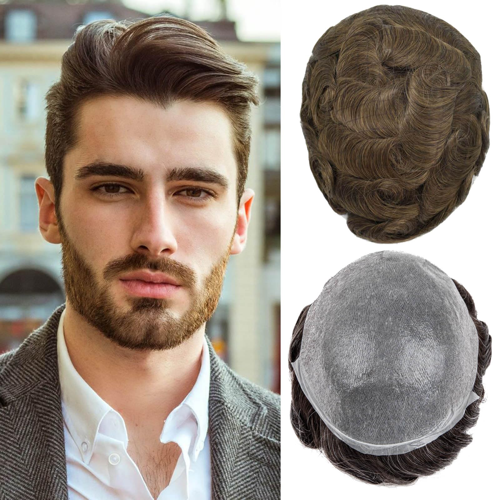 Men's Toupee Real Hair Ultra-Thin 0.03mm Skin Toupee for Men 100% Human Hair System for Men Light Medium Density Hairpiece （#5）