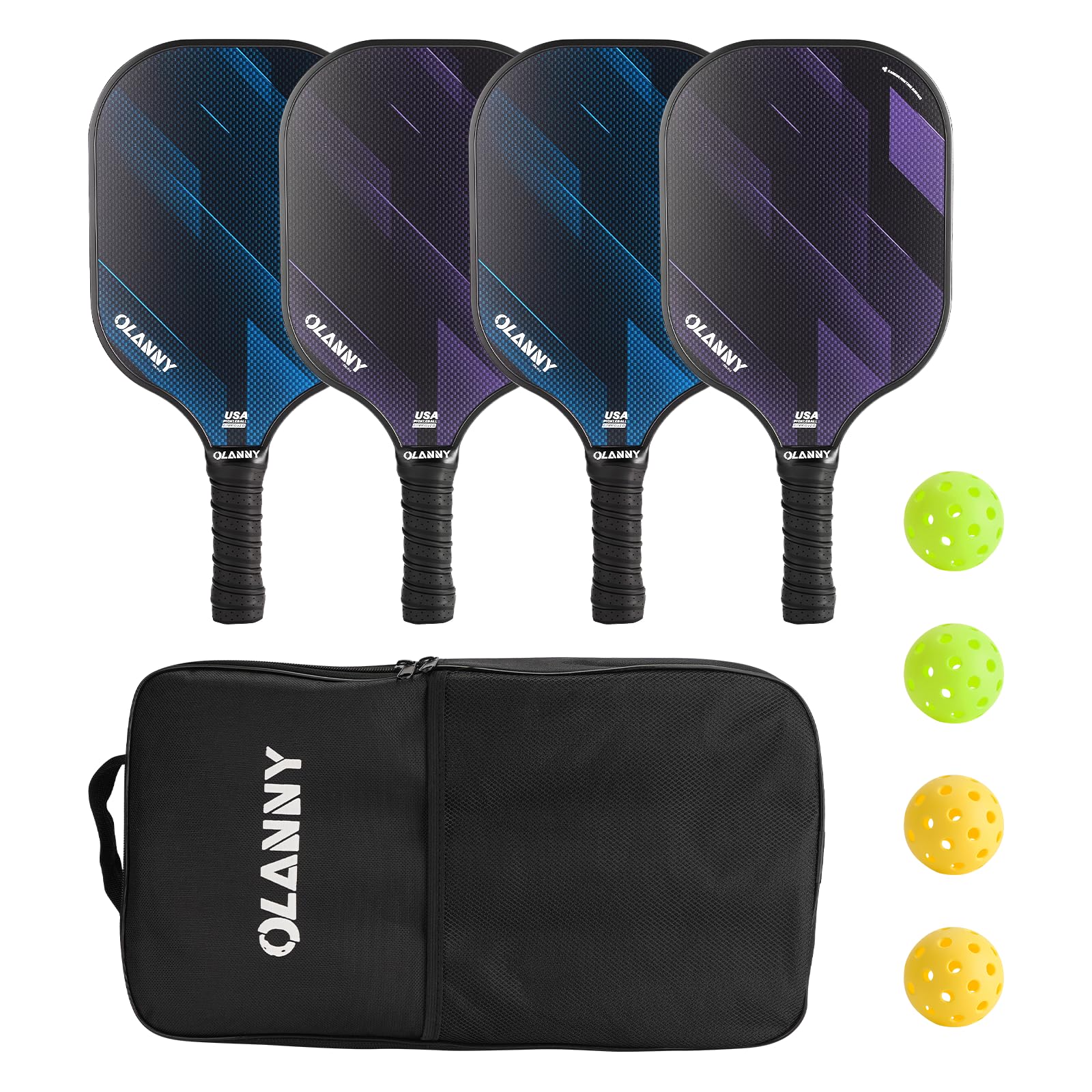 Pickleball Paddles Set 4 with Ball Bag and 4 Balls - USAPA Fiberglass Lightweight Rackets with Carbon Fiber Surfaces, Suitable for Beginners, Children, and Adults - Indoor/Outdoor Family Games Image Pickleball Paddles Set 4 with Ball Bag and 4 Balls - USAPA Fiberglass Lightweight Rackets with Carbon Fiber Surfaces, Suitable for Beginners, Children, and Adults - Indoor/Outdoor Family Games Image