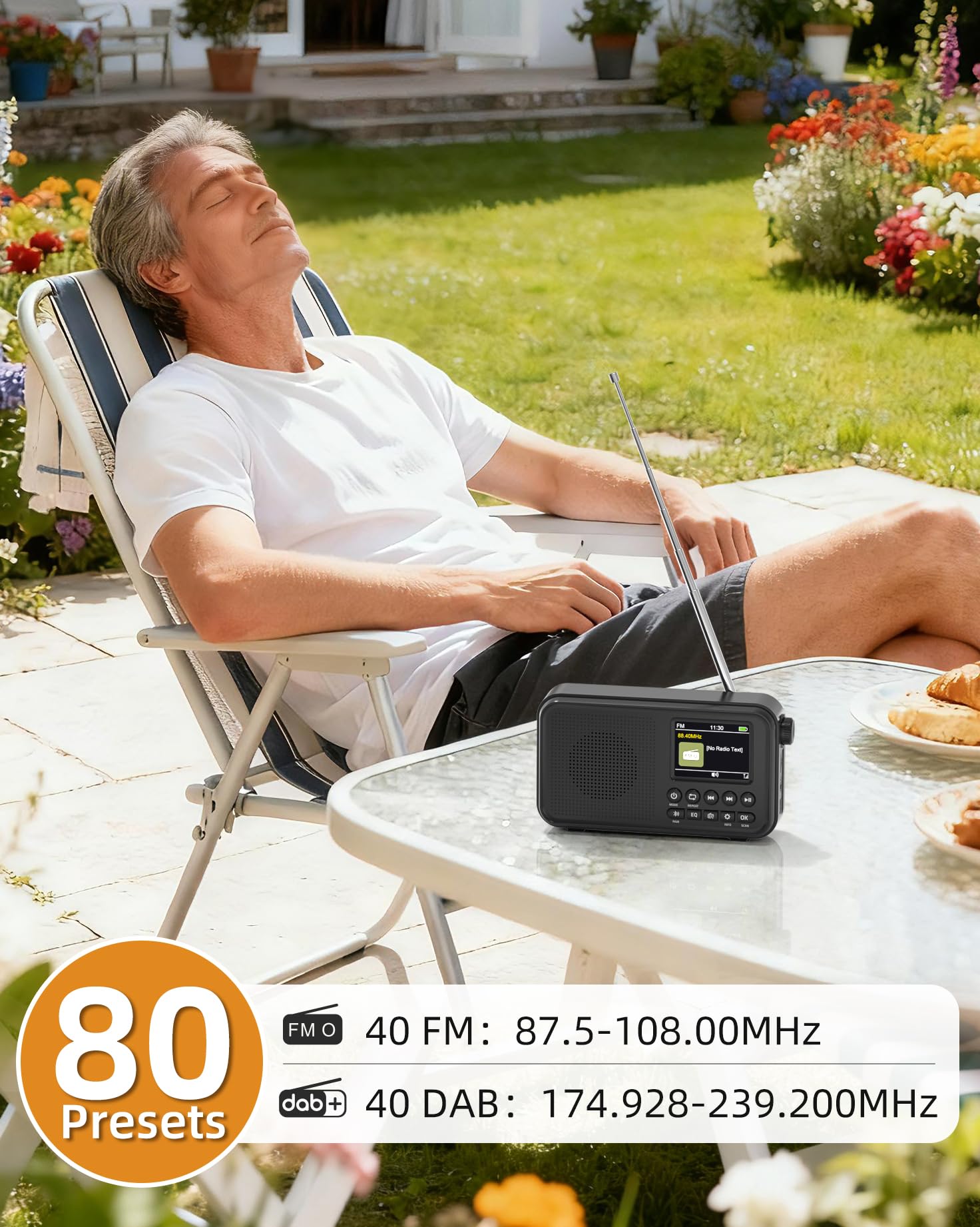 Tragbares DAB+ Radio mit Bluetooth, UKW/DAB Digitalradio mit 2,4" Farbdisplay, 80 Senderspeicher, 3000mah Akku oder Netzbetrieb, Support TF-Karte/Wecker/Sleeptimer/Klinken, Für Küche, Camping, Garten 4