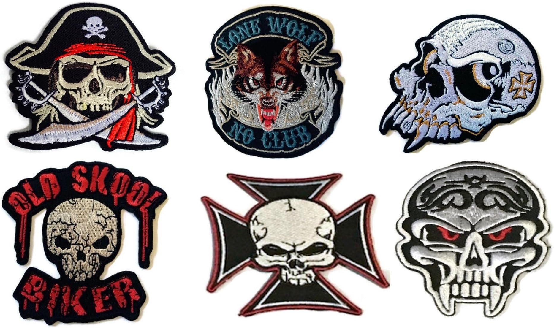 Cool Patches Appliques of 6 Various Pcs./ Lot Set Skull Skeleton Heads Embroidered Patch Badge Look Cool Embroidered Iron-on Sew Craft Biker Trucker Rocker Chopper Military Army Jacket by Indy patch