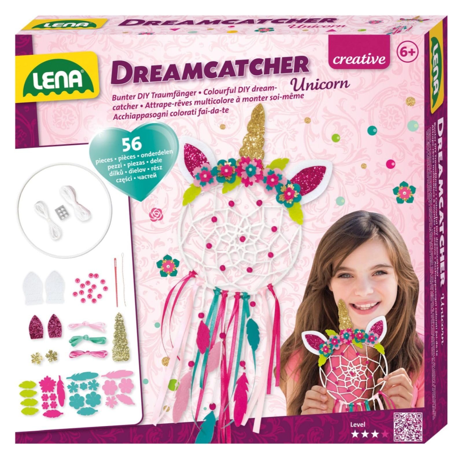 Lena 42701 Dreamcatcher Unicorn Craft Set, 56 Pieces, Complete Set for Dream Catcher Crafting with Ring, Coloured Ribbons & Cords, Plastic Needle, Beads and Fabric Flowers, Set for Children, Medium
