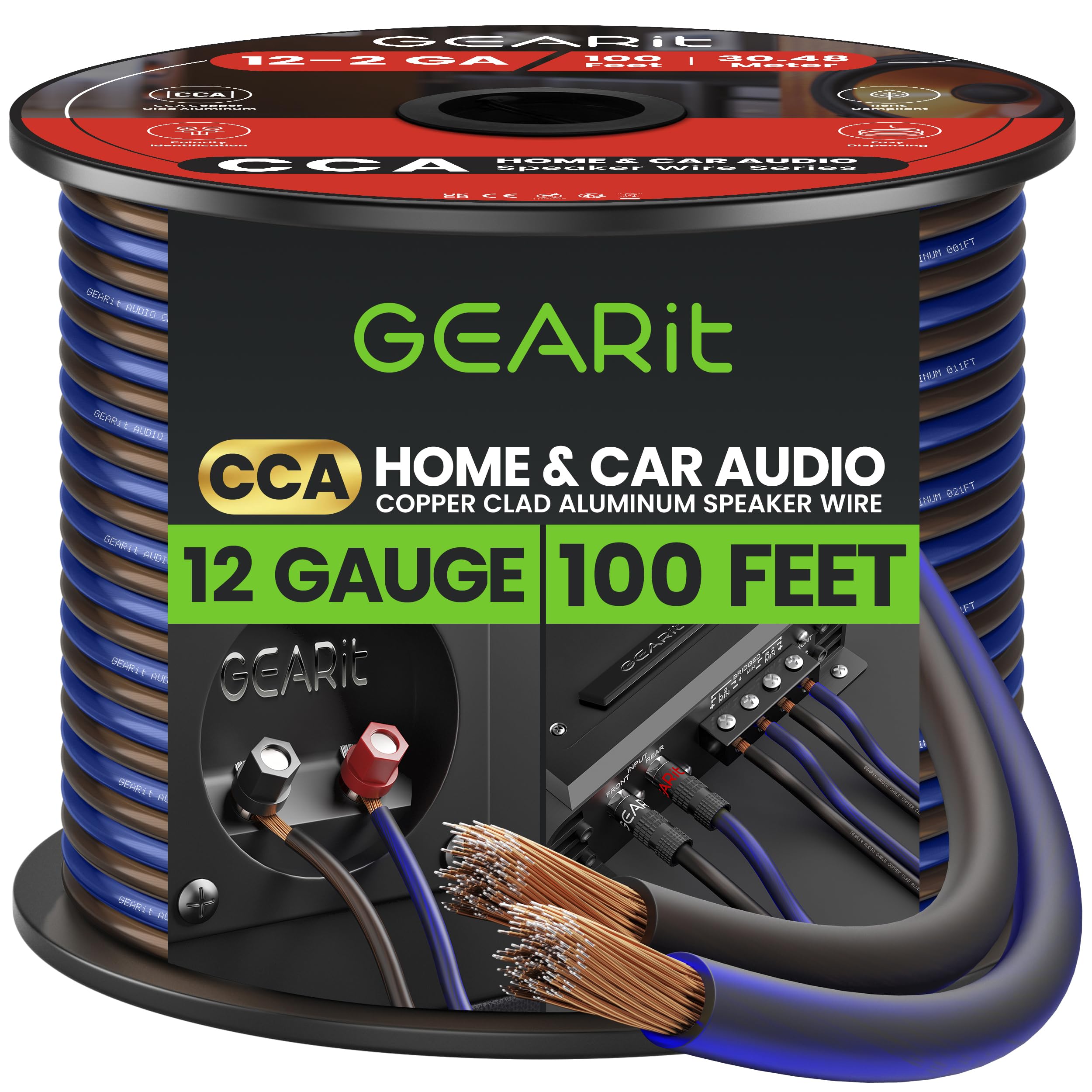 GEARit 12 Gauge Speaker Wire - 100ft, Flexible Speaker Cable with Polarity Markings & Foot Markers, 12AWG CCA Audio Cable for Home Theater, Car Audio Stereo, HiFi Surround Sound (Black/Blue)
