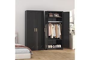 TIMELESS PIECES Metal Wardrobe Cabinets，Armoire Wardrobe Closet with Hanging Rod,Clothes Storage Cabinet with Adjustable Shelves and Doors, Clothing Cabinet for Bedroom, Office, Laundry Room