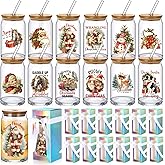 Layhit 12 Set Christmas Glass Cups 16 oz Xmas Drinking Glasses with Bamboo Lid Straw Snowman Merry Christmas Can Shape Beer Iced Coffee Cups with Brushes Gift Boxes Ribbon Xmas Holiday Office Gifts