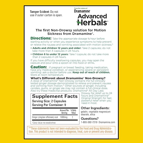 FROM THE MAKERS OF DRAMAMINE, ADVANCED HERBALS WITH NATURAL GINGER, FOR NAUSEA RELIEF, MORNING SICKNESS RELIEF & MOTION SICKNESS RELIEF DURING TRAVEL, 18 CAPSULES