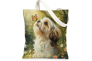 Spring Havanese Dog Canvas Tote Bag for Shopping 13 * 15, Funny Butterflies Reusable Grocery Bag for Women, Pet Travel Painti