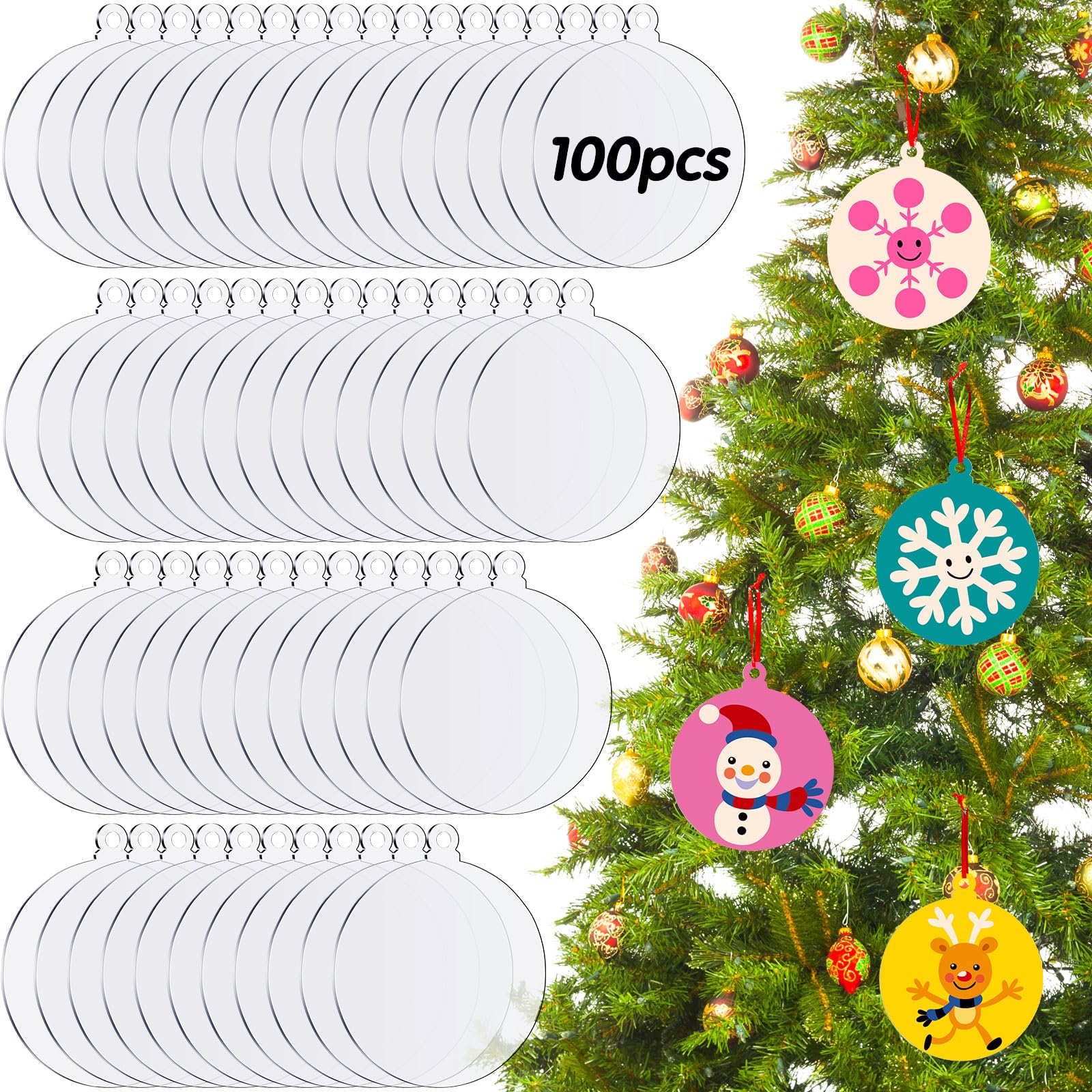 Photo 1 of 100 Pieces Clear Acrylic Ornament Blanks Bulk 3 Inch Acrylic Discs Ornament Hanging Ornaments Blank for Christmas Tree DIY Crafts(Round)