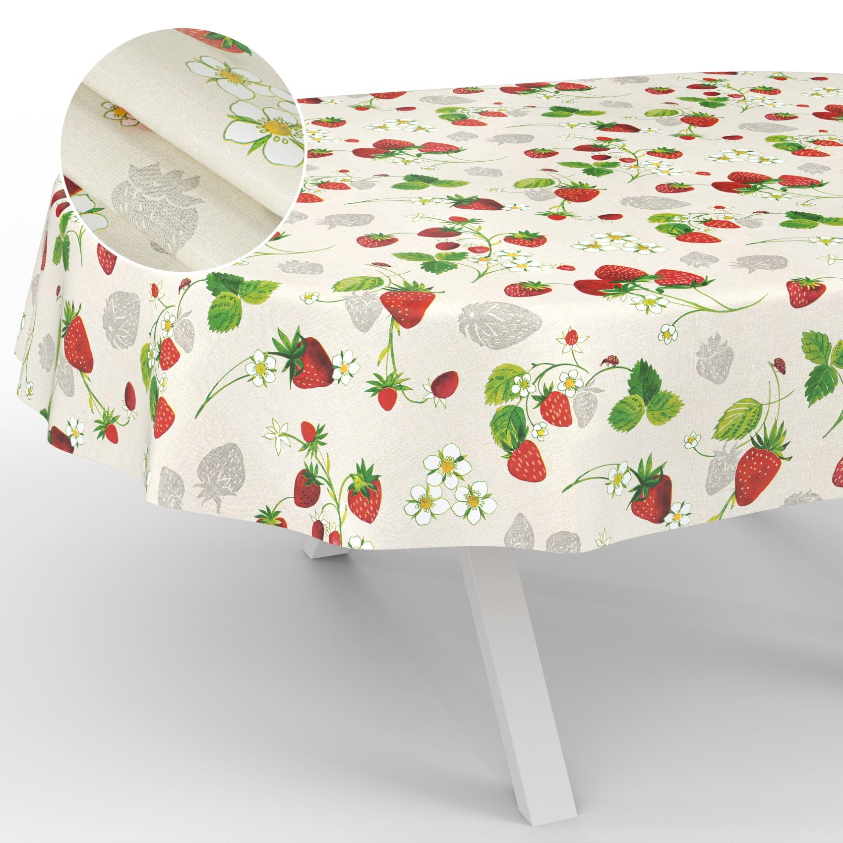 ANRO Oilcloth Tablecloth, Washable, Oilcloth, Garden Tablecloth, Outdoor, Indoor, Oval, 200 x 140 cm, Cut Edge, Strawberries