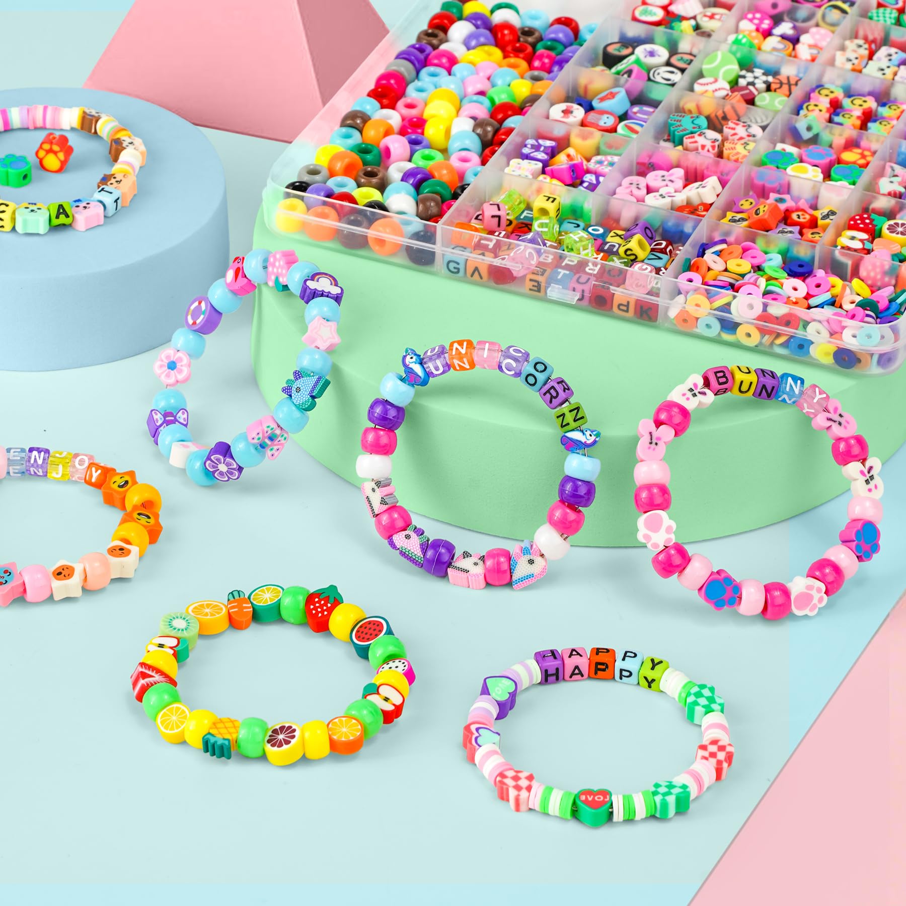 Gionlion 1200 Pcs Polymer Clay Beads Bracelet Making Kit, 25 Style Animal Fruit Flower Butterfly Bunny Pony Letter Beads Charms for Jewelry Making, DIY Art and Crafts Toys Gifts for 4+ Year Old Kids