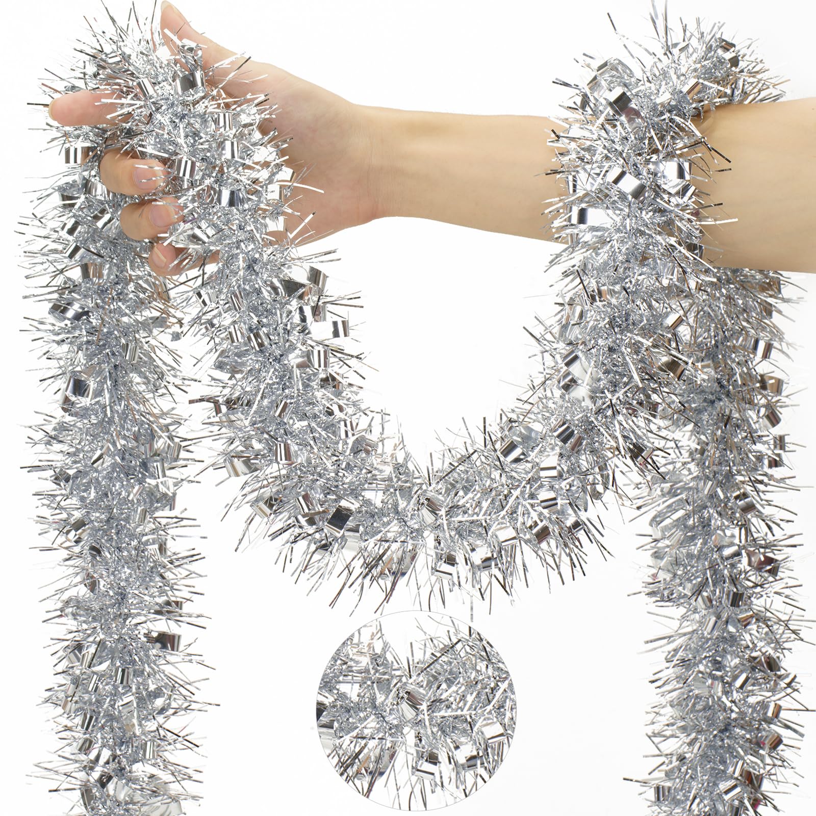 KINGLAKE Christmas Tinsel Garland, 10M x 9CM Silver Xmas Shiny Tinsel Garland Decorations, Christmas Metallic Chunky Tinsel Thick for Decorations Xmas Tree, Party, Home