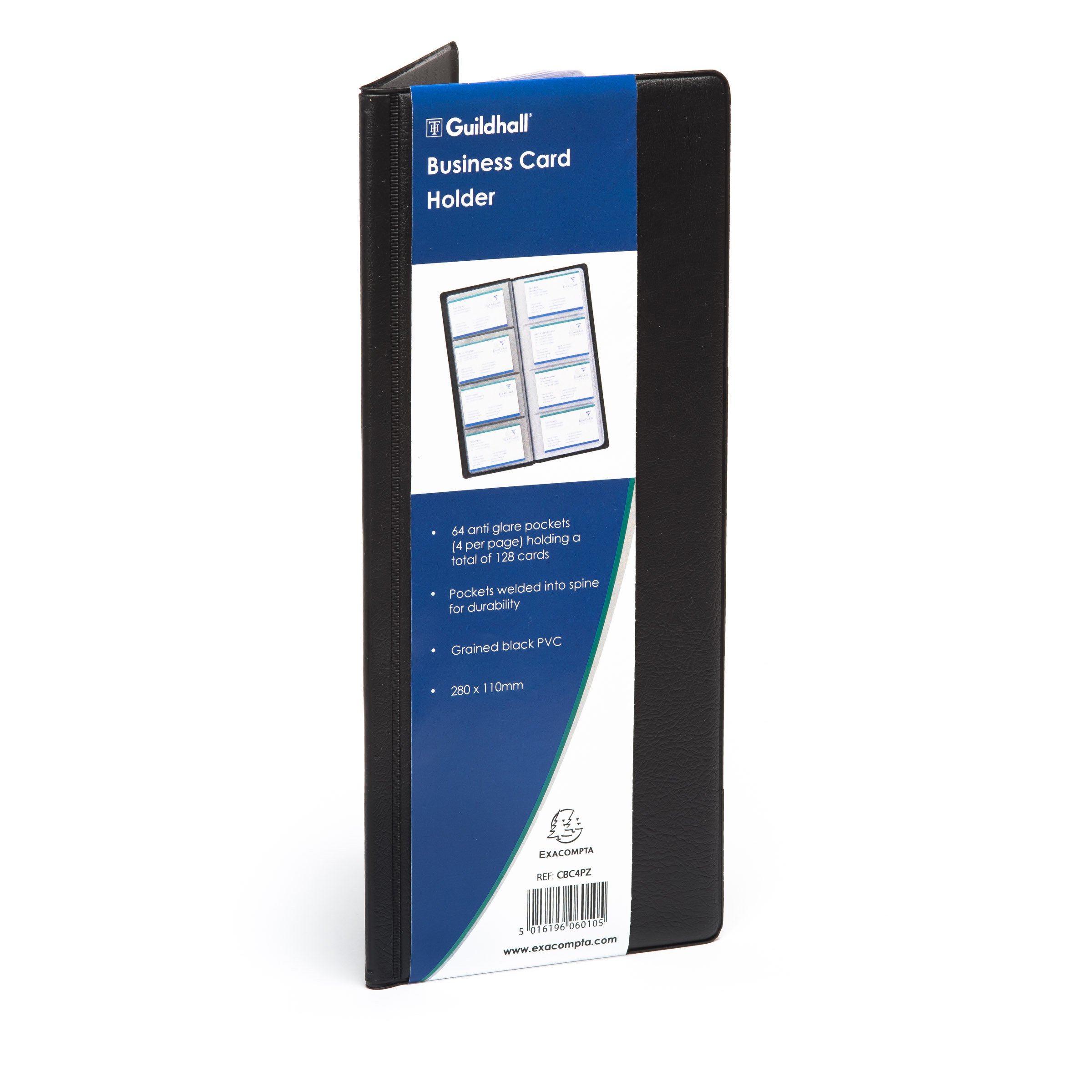 Exacompta - Ref CBC4PZ - Guildhall - Business Card Holder, 214 x 115mm, 3 Cards Per Page, Anti-Glare, 64 Pockets, Padded Black Cover with Stitched Edges