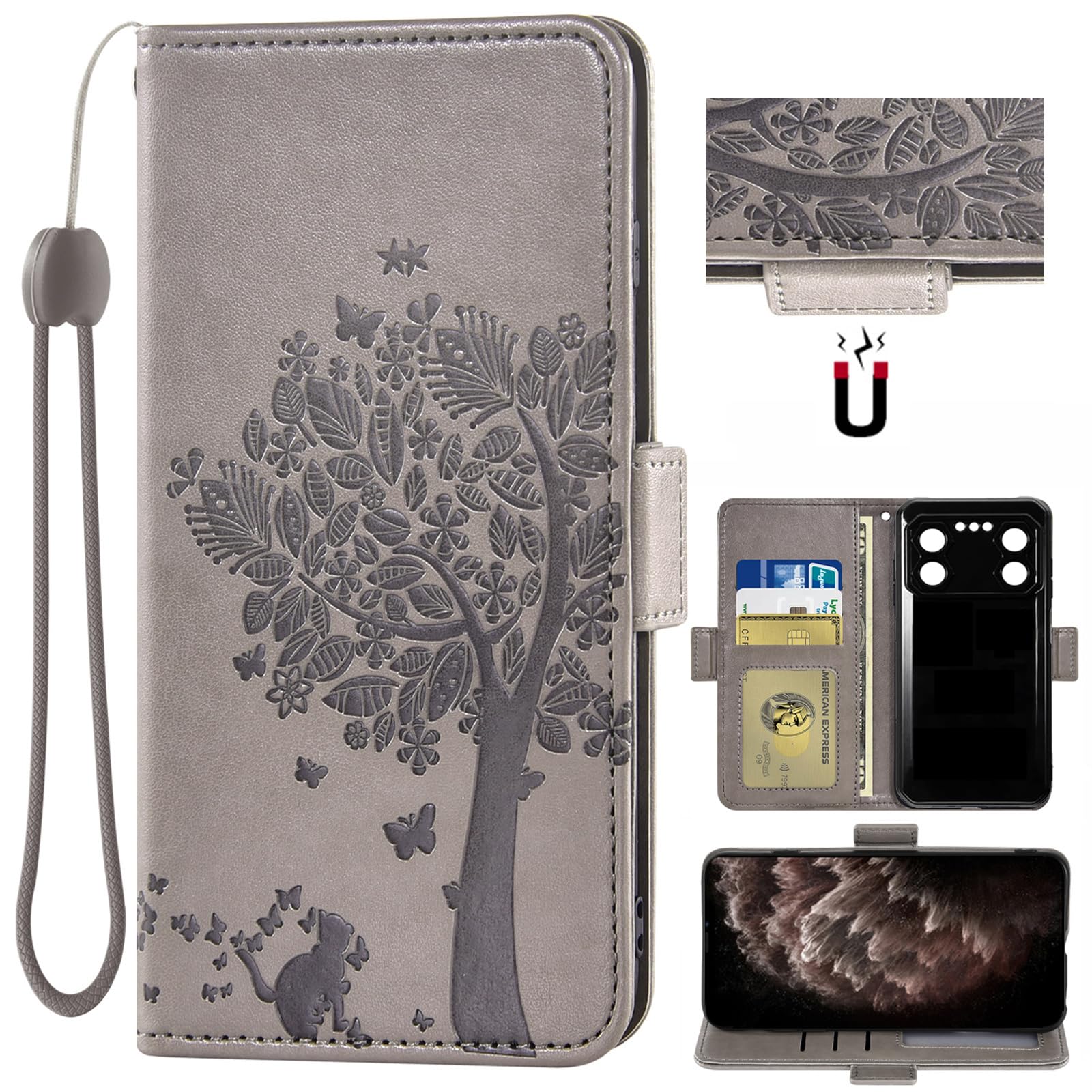 Auotu PU Leather with camera lens protection Wallet Pouch Flip Case Cover With Stand Card Slot Design For IIIF150 B2 Pro Smartphone (Gray With Tree Pattern)