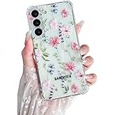 DEFBSC Soft Case Compatible with Samsung Galaxy S22 Plus, Clear Floral Flower Pattern Print Design Flexible TPU Shockproof Cover for Women Girls,Flower Protective Phone Case,Pink Cosmos