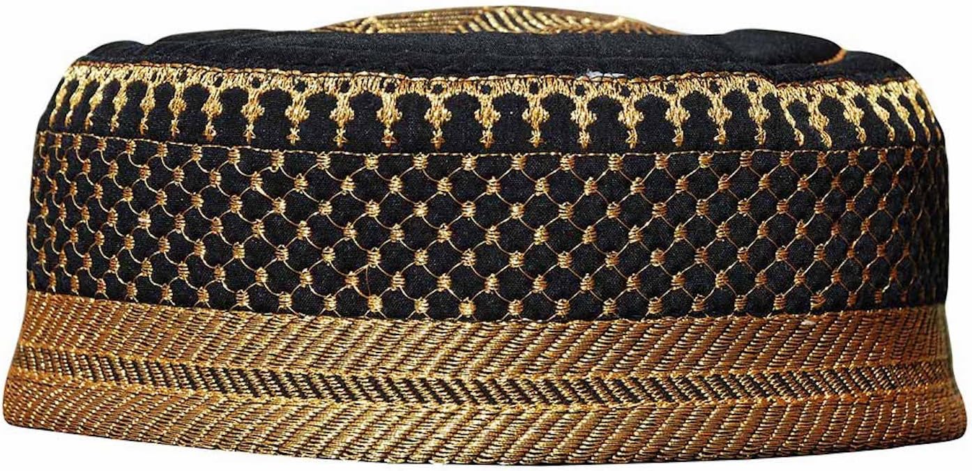 Black Metallic Gold Thread Moslem Padded Quilted Soft Kufi Hat Cap