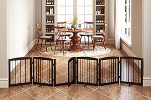 PUPETPO Freestanding Pet Gates with Walk Through Door, Dog Indoor Fence, Dog Gate for The House, Doorway, Stairs, Extra Wide Dog Gate, Support Feet Included, 120 Inch Wide, 6 Panels 24" Tall, Brown