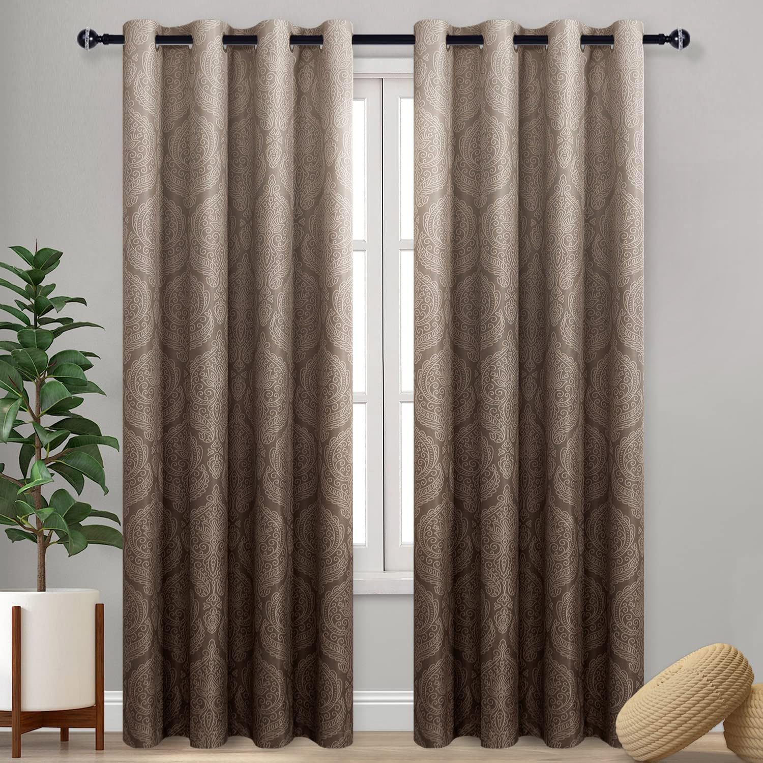 DWCN Ombre Blackout Curtains for Bedroom - Damask Patterned Thermal Insulated Energy Saving Grommet Curtains for Living Room, Set of 2 Gradient Window Curtain Panels, 52 x 84 Inches Long, Brown Image